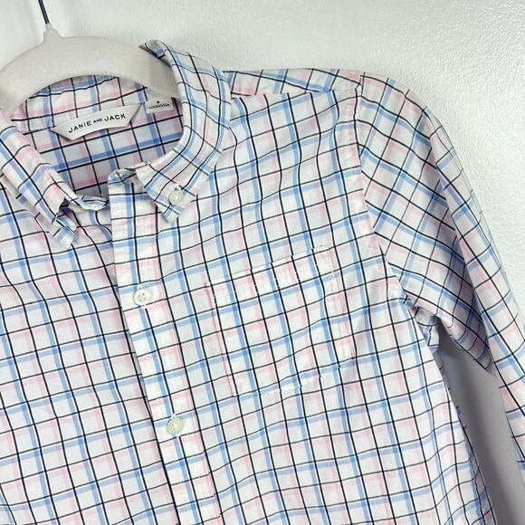 Janie and Jack Blue Pink Plaid Button Front Shirt Long Sleeved Boys Size 8 - Picture 2 of 6